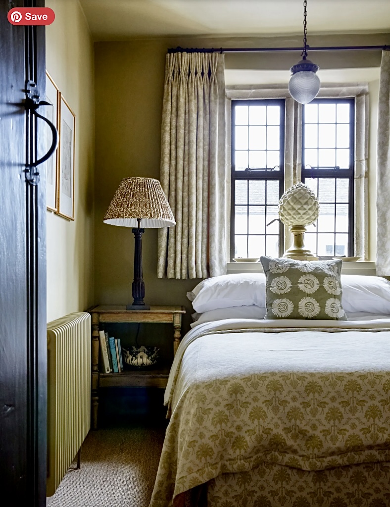 Olive green bedroom with matching curtains